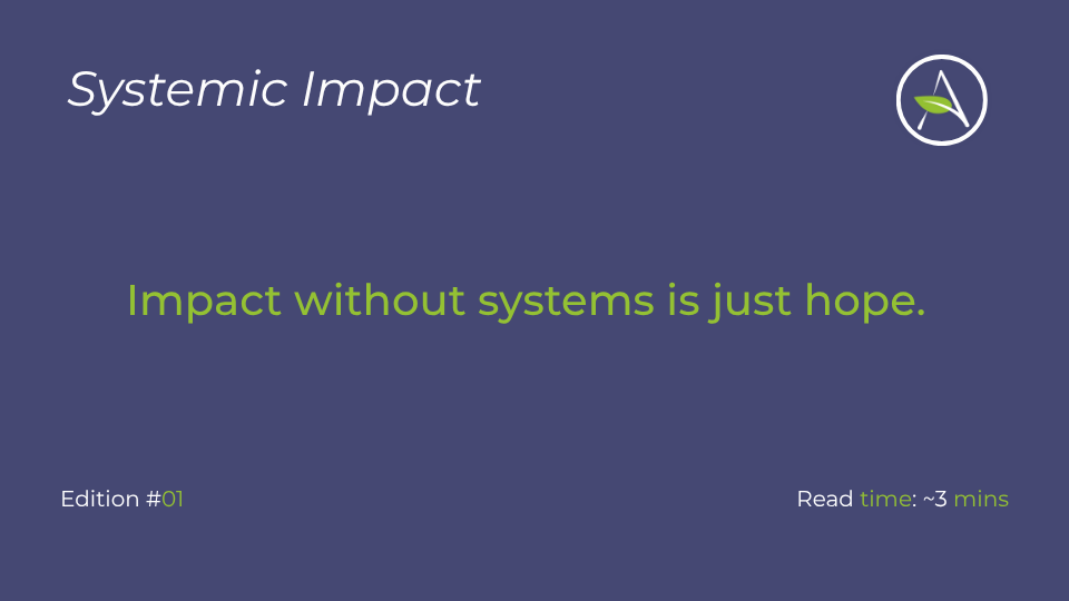 Graphic with the title "Systemic Impact" and the quote "Impact without systems is just hope" in green text on a dark blue background. Includes a circular logo with a stylized "A" and leaf, and mentions "Edition #01" and "Read time: ~3 mins."